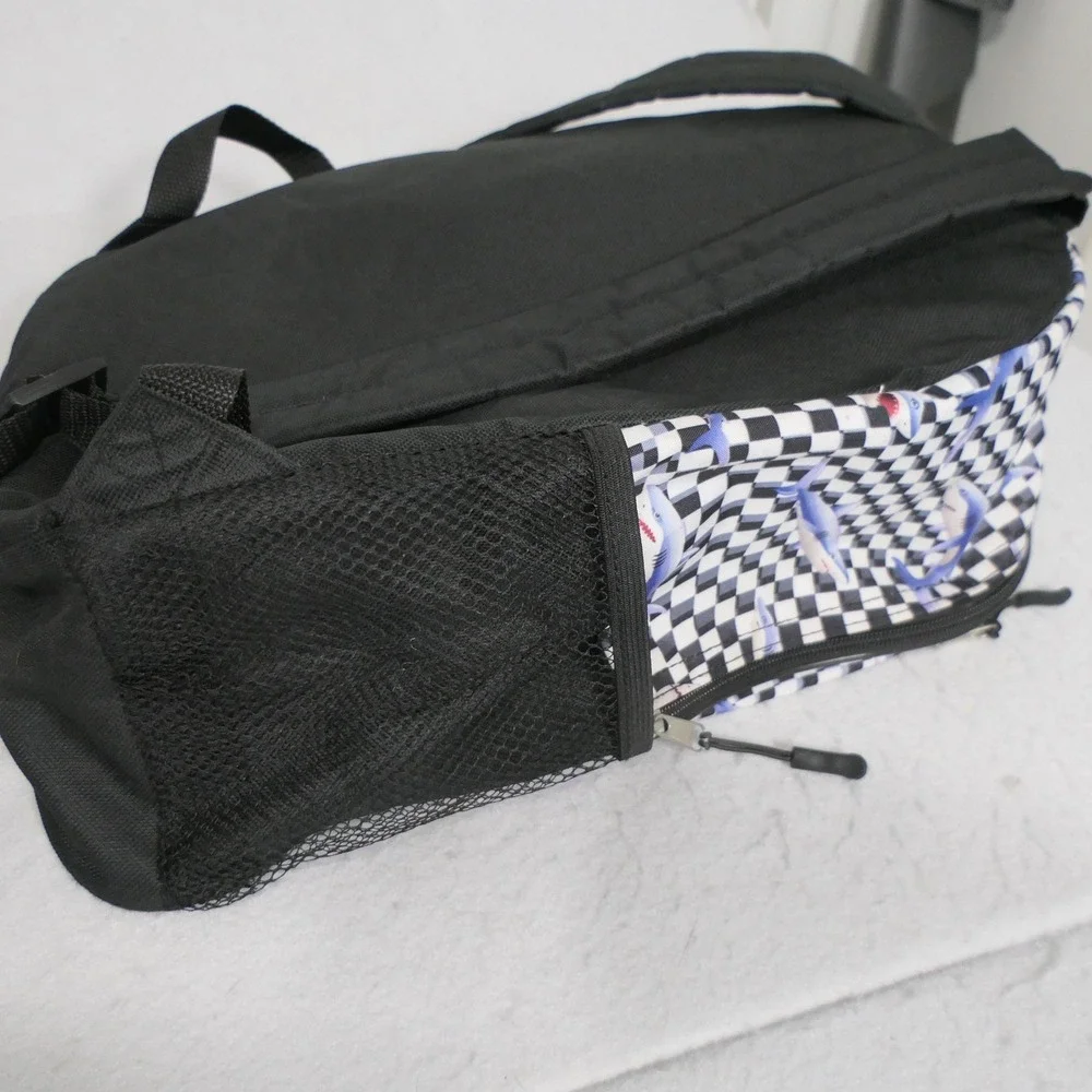 Kids Shark Backpack OS Black White Checkered Skater Streetwear Adventure Travel